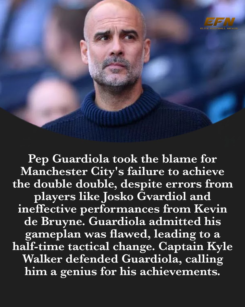 🚨NEWS🚨:Pep Guardiola blamed himself for Manchester City's loss, despite errors from players, calling his gameplan flawed. Captain Walker defended him.
#FootballLegend #newsfeed