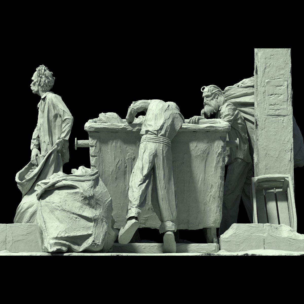 Trash Collectors

Sculpted based on my daily observations

I may work on it more or I might take more renders.

Sculpted in ZBrush, rendered in Keyshot.
Used Pablander's Clay brushes for the details.

#Zbrush #Keyshot #TrashCollector #Art #digitalClay #artist #Artwork #FineArt