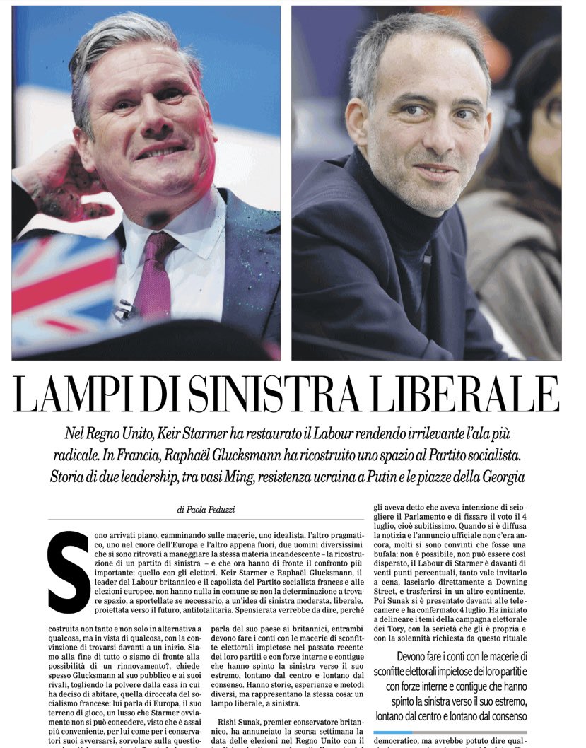 C’è sempre uno spazio per la sinistra liberale, ma ci vogliono leadership di testa e di cuore. Qui @paolapeduzzi su @ilfoglio_it racconta benissimo le vite parallele di @Keir_Starmer e @rglucks1: vincere a Londra, tornare a contare a Parigi ilfoglio.it/esteri/2024/05… (per abbonati)