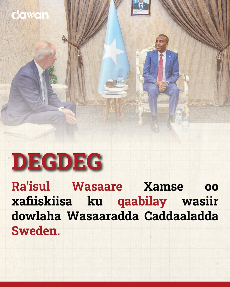 Ra’iisul Wasaaraha XJF Soomaaliya Xamse  ayaa xafiiskiisa ku qaabilay Wasiiru Dowladaha Wasaaradda Caddaaladda ee dalka Sweden Anders Hall, iyagoonaga ka wada hadlay  xiriirka iyo iskaashiga ka dhaxeeya labada dal sida lagu sheegay Qoraal kasoo baxay xafiiska ra’isul wasaaraha