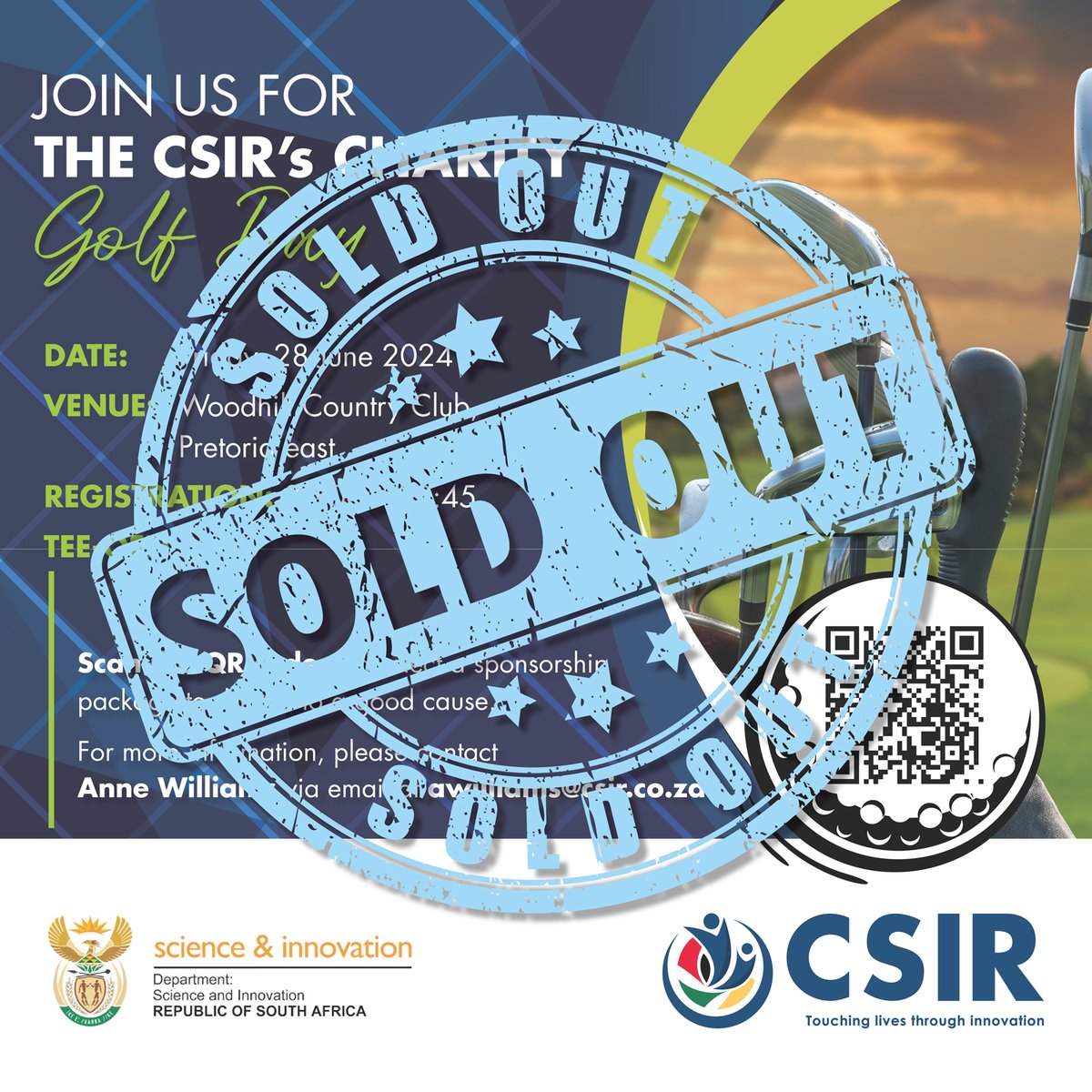 We are excited to announce that the #TeamCSIR Inaugural Charity Golf Day to be held on Friday, 28 June 2024, at the Woodhill Country Club in Pretoria, has been sold out!
A warm thank you to our sponsors, we look forward to a fun-filled day.