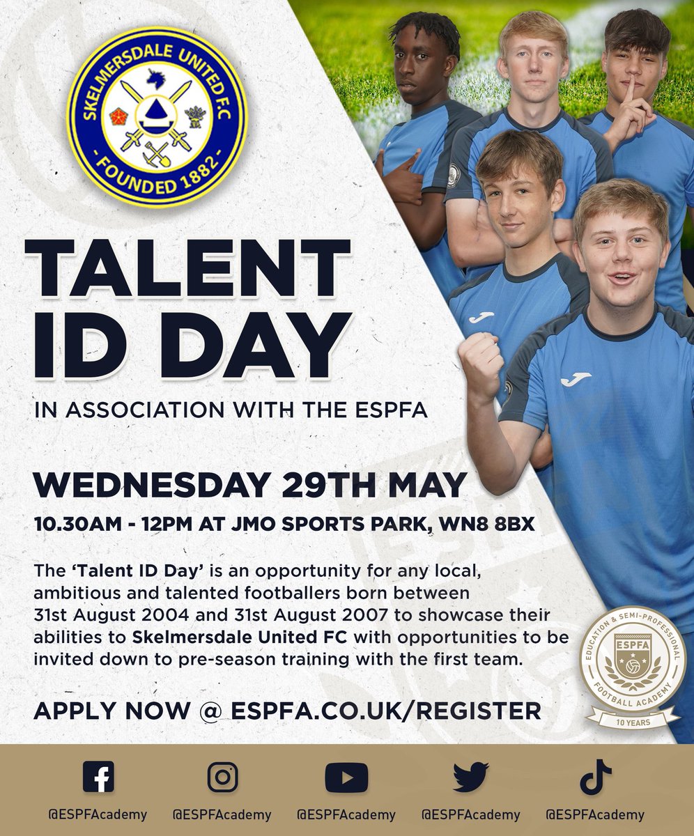 🔵⚪️Talent ID Day 🔵⚪️

We’re holding a Talent ID day in association with the @ESPFAcademy 

When- Wednesday 29th May
Where- JMO Sports Park, WN8 8BX

If you fit the criteria below then apply now⬇️

ESPFA.co.uk/register

#WeAreSkem
🔵⚪️