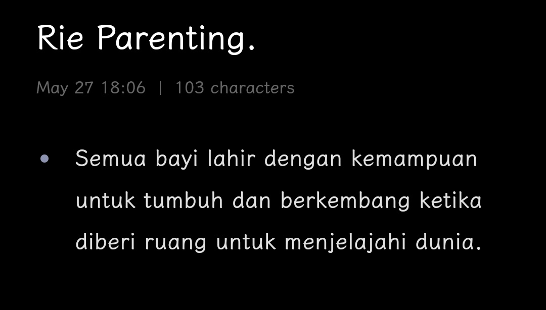 Parenting newborn sampai 3 tahun tuh tetap dilakukan dengan menganggap mereka sebagai capable human beings. 👶

Kita perlu menghargai &amp; memberikan kesempatan untuk mengeksplor banyak hal.

Kayak gini disebut..

𝗥𝗶𝗲 𝗣𝗮𝗿𝗲𝗻𝘁𝗶𝗻𝗴

Kuncinya:
▪️respect, trust, connection