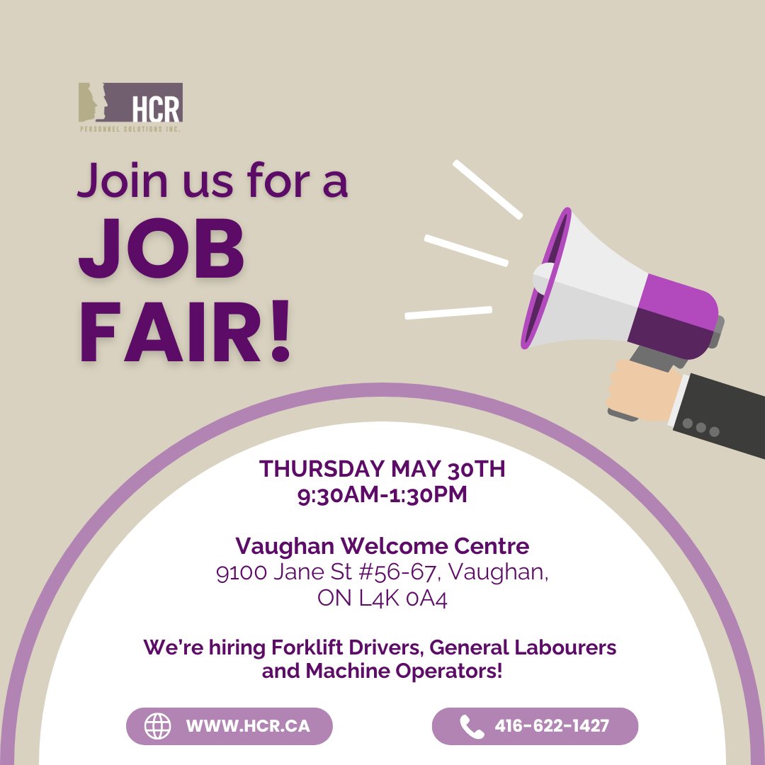 Join our Toronto team next Thursday May 30th for a #jobfair at the Vaughan Welcome Centre!

The job fair runs from 9:30am - 1:30pm. We are hiring Forklift Drivers, General Labourers and Machine Operators. We hope to see you there!

#HCR #jobseekers