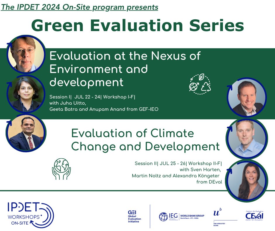 #IPDET ’s #Green workshops provide #context, #theories, #concepts, and #practical tools for effective green evaluation. I-F: 'Evaluation at the Nexus of Environment and Development' II-F: 'Evaluation of Climate Change and Development' 🖱️bit.ly/IPDET_On-Site_…