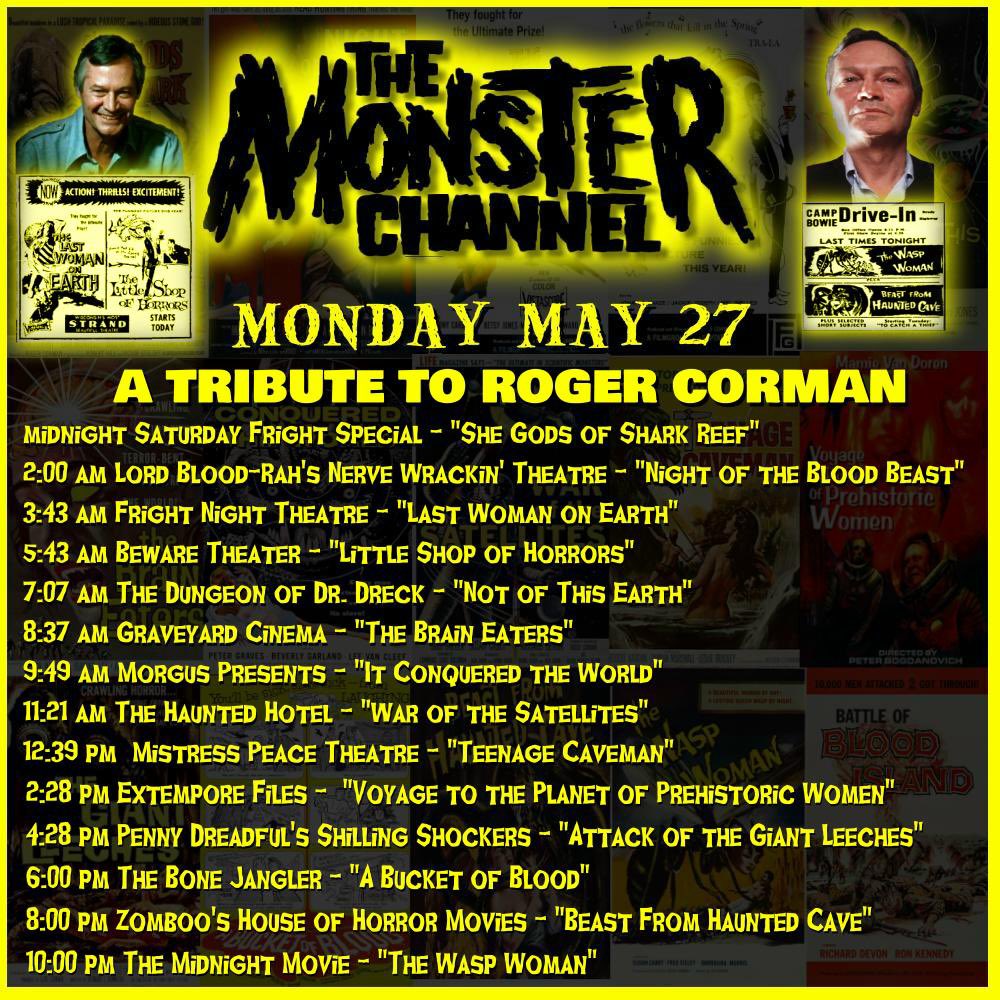 May 27, 2024: Spend a magnificent Monday morning, afternoon and evening memorializing the late-great Roger Corman by watching his movies Horror Hosted on themonsterchannel.com
#HorrorHost #TheMonsterChannel