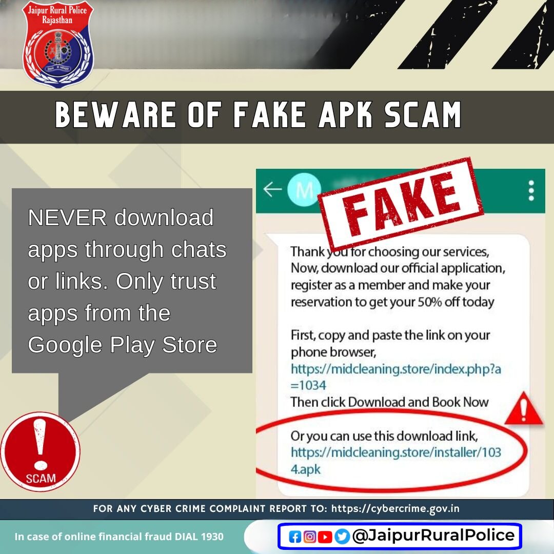 Beware of Fake APK Scams! 🚨 Never download apps through chats or links. Only trust apps from the Google Play Store. Stay safe and protect your data! #I4C #MHA #Cyberdost #Cybersecurity #CyberSafeIndia