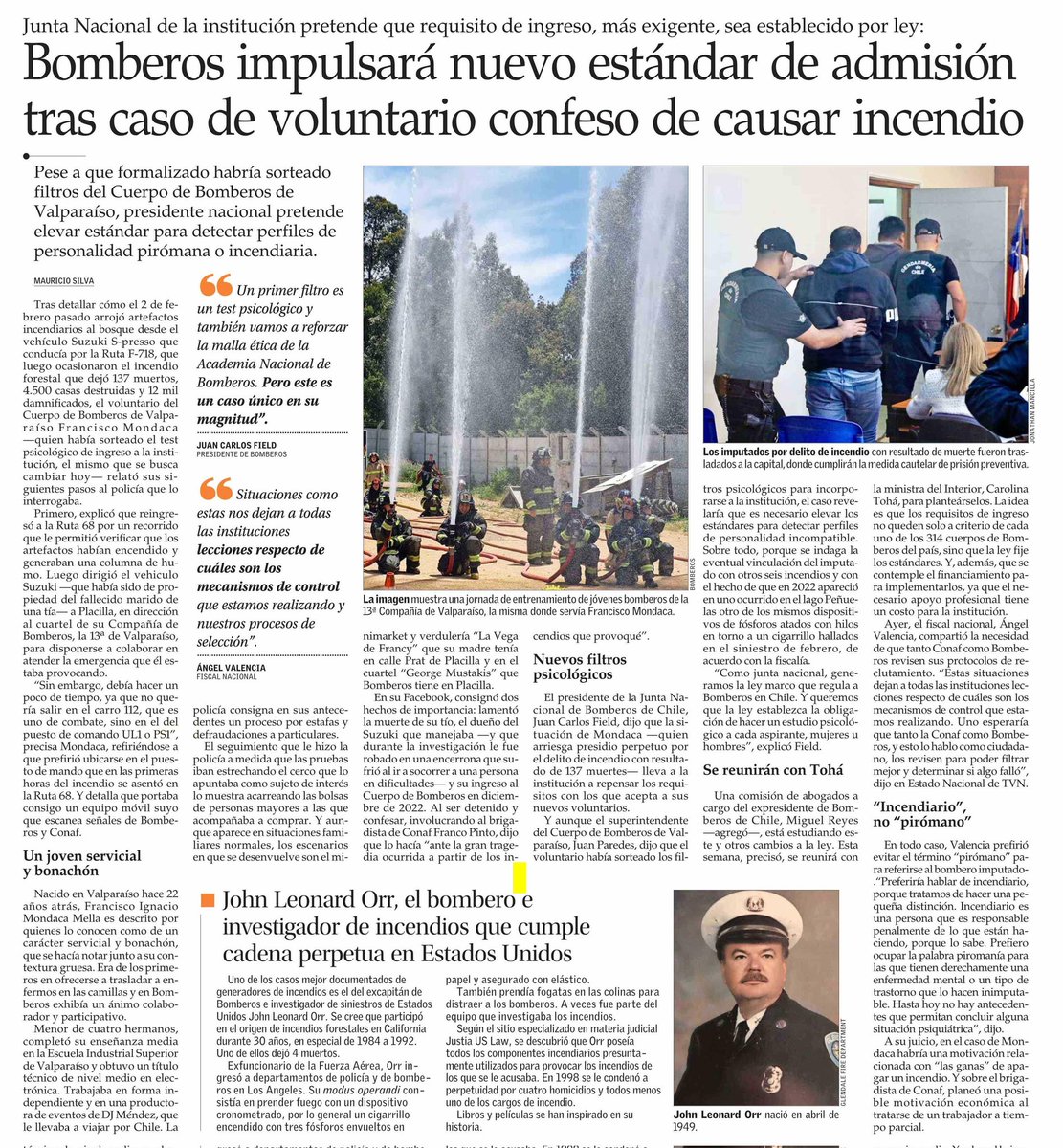 𝗣𝗥𝗘𝗡𝗦𝗔 | #Bomberos impulsará nuevo estándar de admisión tras caso de voluntario confeso de causar incendio. Fuente: Diario El Mercurio.