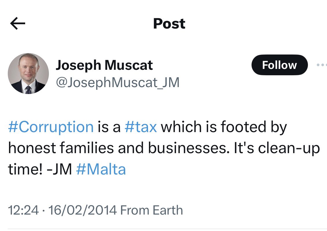 ‘#Corruption is a #tax which is footed by honest families and businesses. It's clean-up time!’ - #JosephMuscat, ten years ago. That did not age well, did it?