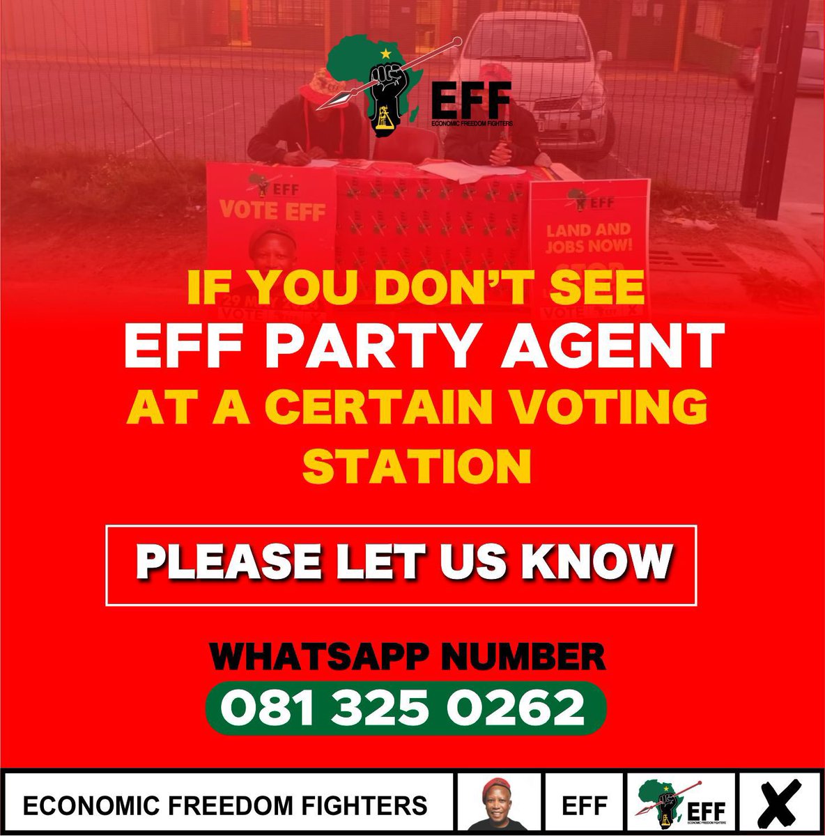 🆘🆘 Alert🚨🚨

Please Send A WhatsApp Text To 0813250262 If You Don’t See EFF Party Agents At Particular Voting Station ❤️🖤💚