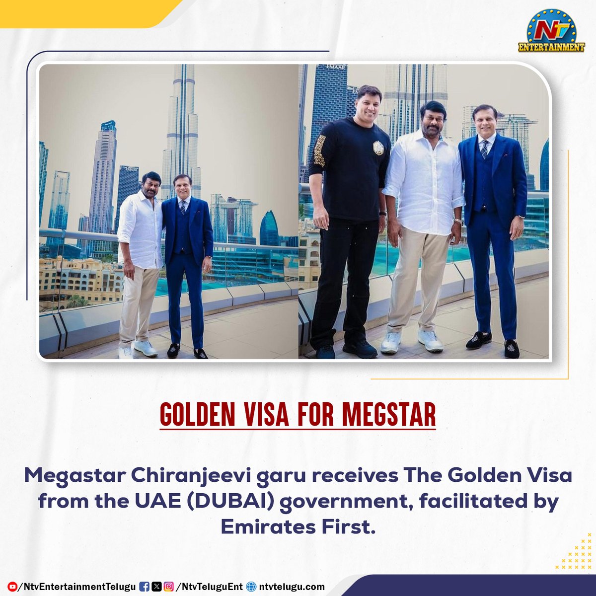 Megastar Chiranjeevi garu receives The Golden Visa from the UAE (DUBAI) government, facilitated by Emirates First.

 @KChiruTweets #GoldenVisa #Dubai #UAE #Emirates #Vishwambara #NTVENT