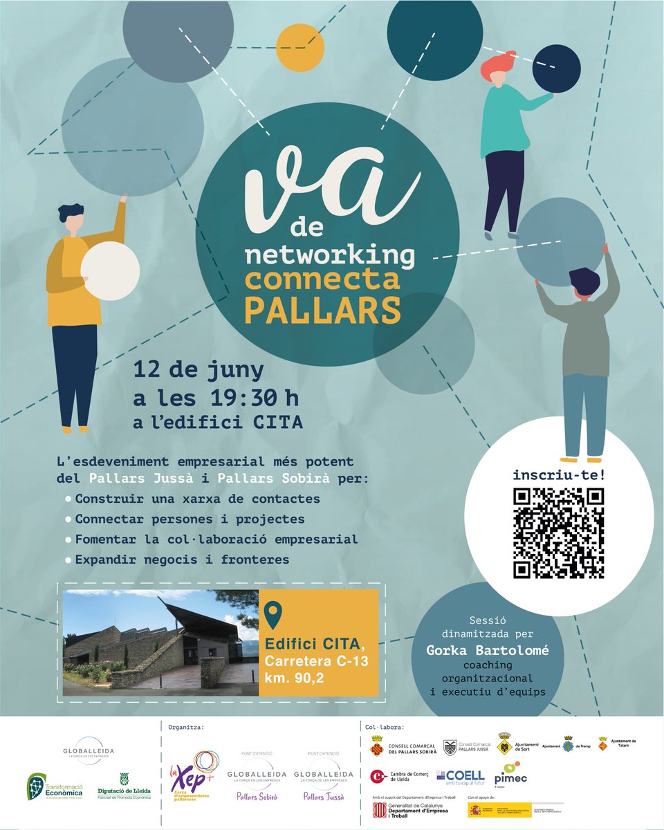 Va de networking Connecta Pallars: 
12 de juny a partir de les 19:30 ⏰ al CEI Pallars Jussà📍 (edifici CITA).

Un espai de trobada entre persones amb projectes emprenedors, start-ups innovadores i empreses consolidades que tinguin ganes de descobrir noves idees i maneres de fer.