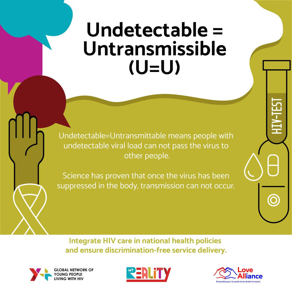 Transforming perceptions. Undetectable = Untransmittable (U=U) is a vital public health message for the HIV response. It means that people living with HIV who achieve an undetectable viral load through consistent antiretroviral treatment and monitoring cannot transmit HIV. By