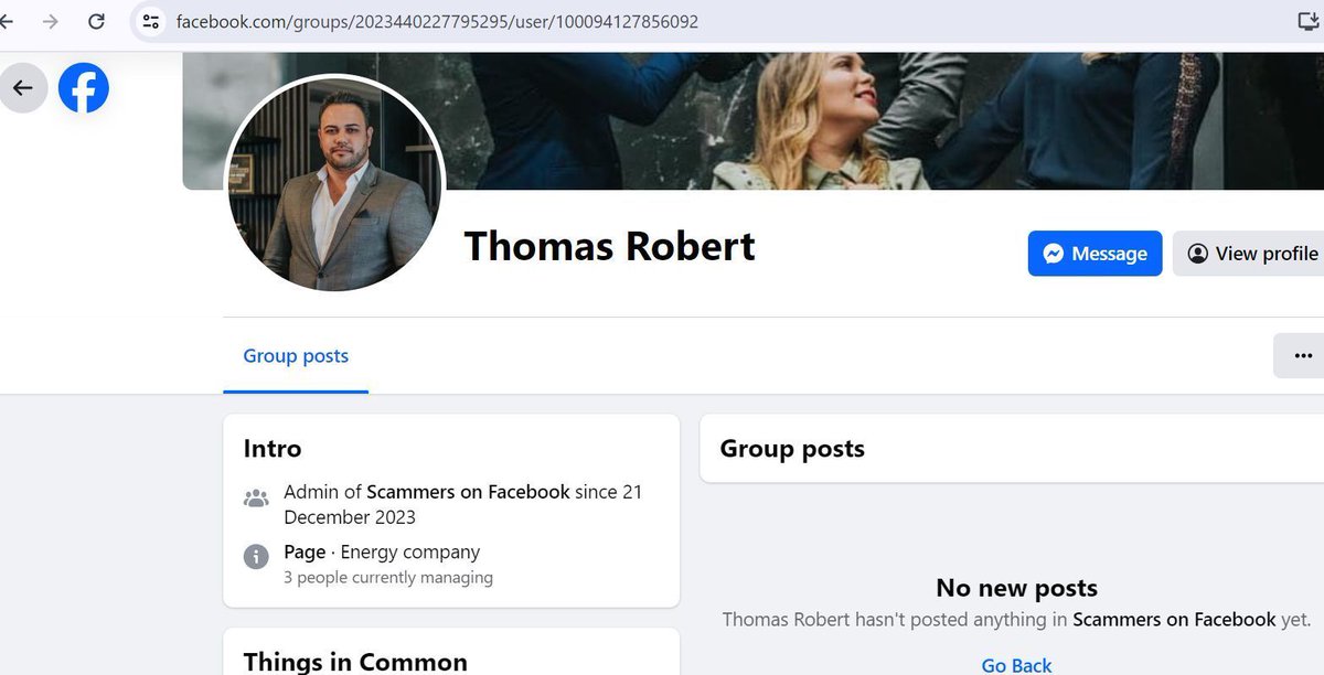 Ironically named "Scammers on Facebook" group has been hijacked and stolen by Thomas Robert (below) buff.ly/3WRIxxF Please DM/ comment with your info on #FacebookPrivacy #CyberSecurityAwareness #FBAccountSecurity @meta <a href="/facebook/">Facebook</a>