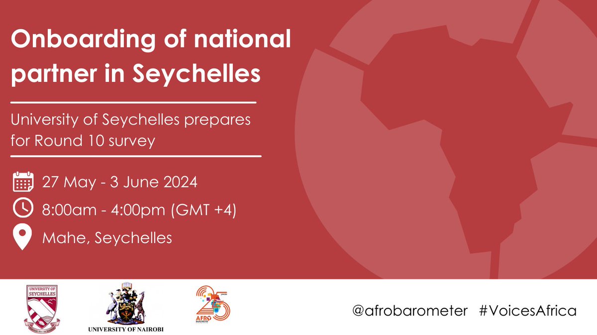 We're excited to welcome aboard our new national partner in Seychelles, University of Seychelles (@UniofSeychelles). As part of our onboarding exercise, Anyway Chingwete (@achingwete), Anne Okello (@anneokello_) and Daniel Iberi (@DanIbery) from Afrobarometer’s survey and
