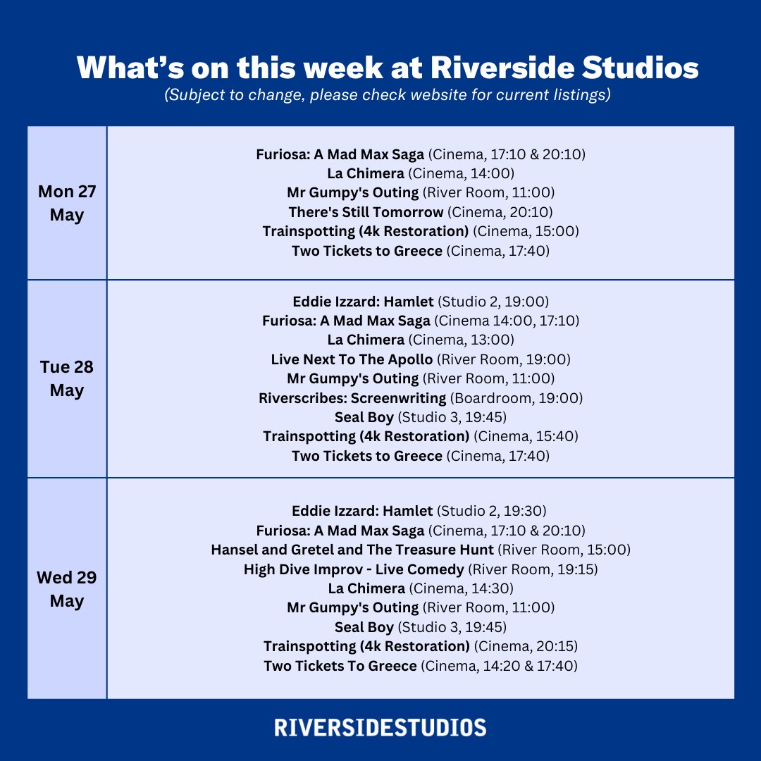 Exciting week ahead at Riverside Studios starting 27th May! Check out our full schedule below and join us for a week filled with art, culture, and entertainment. #RiversideStudios riversidestudios.co.uk