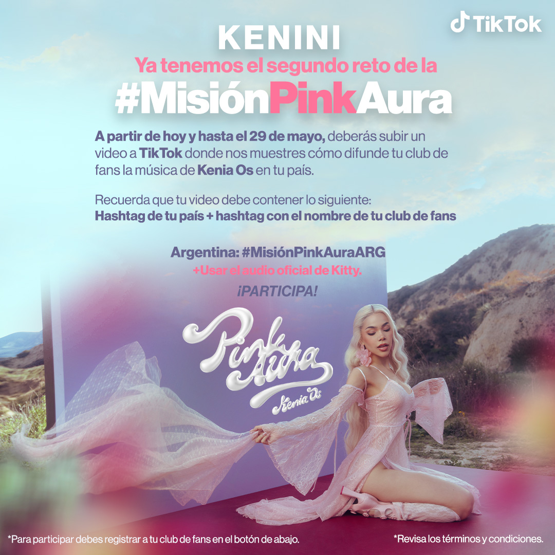 ¡Atención! Acá llega el segundo reto de la #MisiónPinkAura para conocer a @keniaos en México. Sigue las instrucciones que te dejamos abajo y no olvides usar el #MisiónPinkAuraARG en tu video. Si no te has registrado, no olvides hacerlo aquí: KeOs.lnk.to/MisionPinkAura