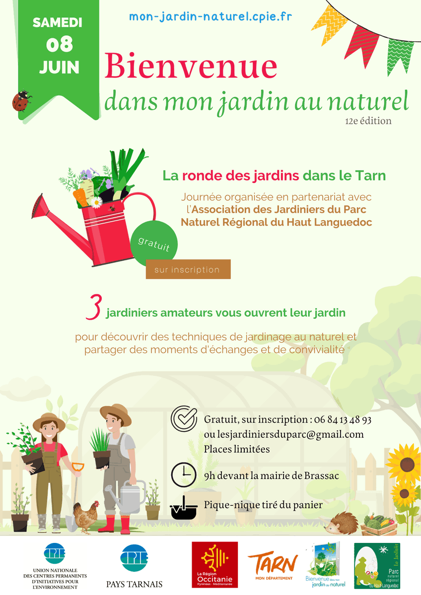CPIE_Tarn's tweet photo. [EVENEMENT] Rondes des Jardins du Tarn - samedi 08 juin 

Déplacement en bus, départ à 9h devant la mairie de Brassac
Pique-nique tiré du panier

GRATUIT, sur inscription  à Association des Jardiniers du PNRl du Haut Languedoc 06 84 13 48 93 ou lesjardiniersduparc@gmail.com https://t.co/PHfpBaDVVX