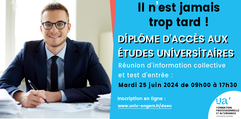 Vous souhaitez obtenir votre baccalauréat ? Découvrez le #DAEU Rencontrez nos équipes le mardi 25 juin 2024 : 👉 9h00 à 12h00 : Réunion d'information collective 👉 14h00 à 17h30 : Test d'entrée Pour en savoir plus univ-angers.fr/fr/formations/…