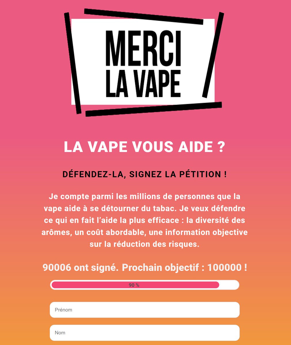 #MerciLaVape passe la barre des 90 000 signataires. 
La pétition pour défendre le plein droit à arrêter de fumer grâce au vapotage est en ligne >> petition.vape.fr