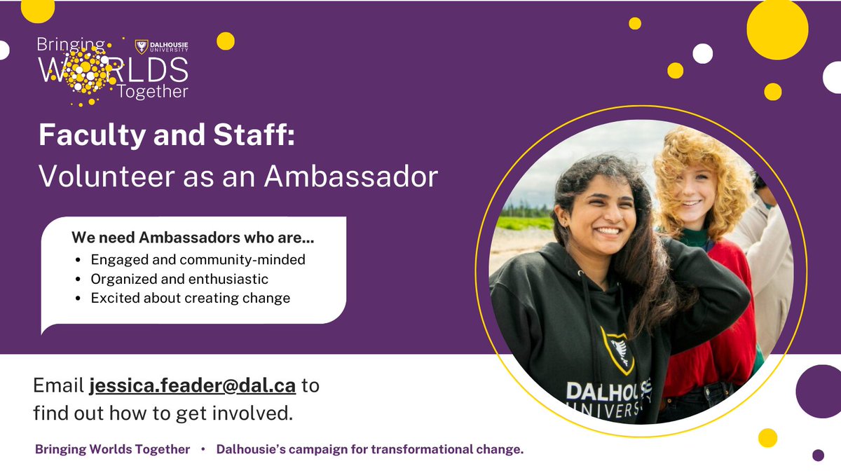 Are you a Dalhousie faculty or staff member interested in volunteering as a #BringingWorldsTogether ambassador? We're looking for individuals to share their passion for giving back by encouraging colleagues to be part of the campaign’s success. Learn more:ow.ly/FMr050ROVaa