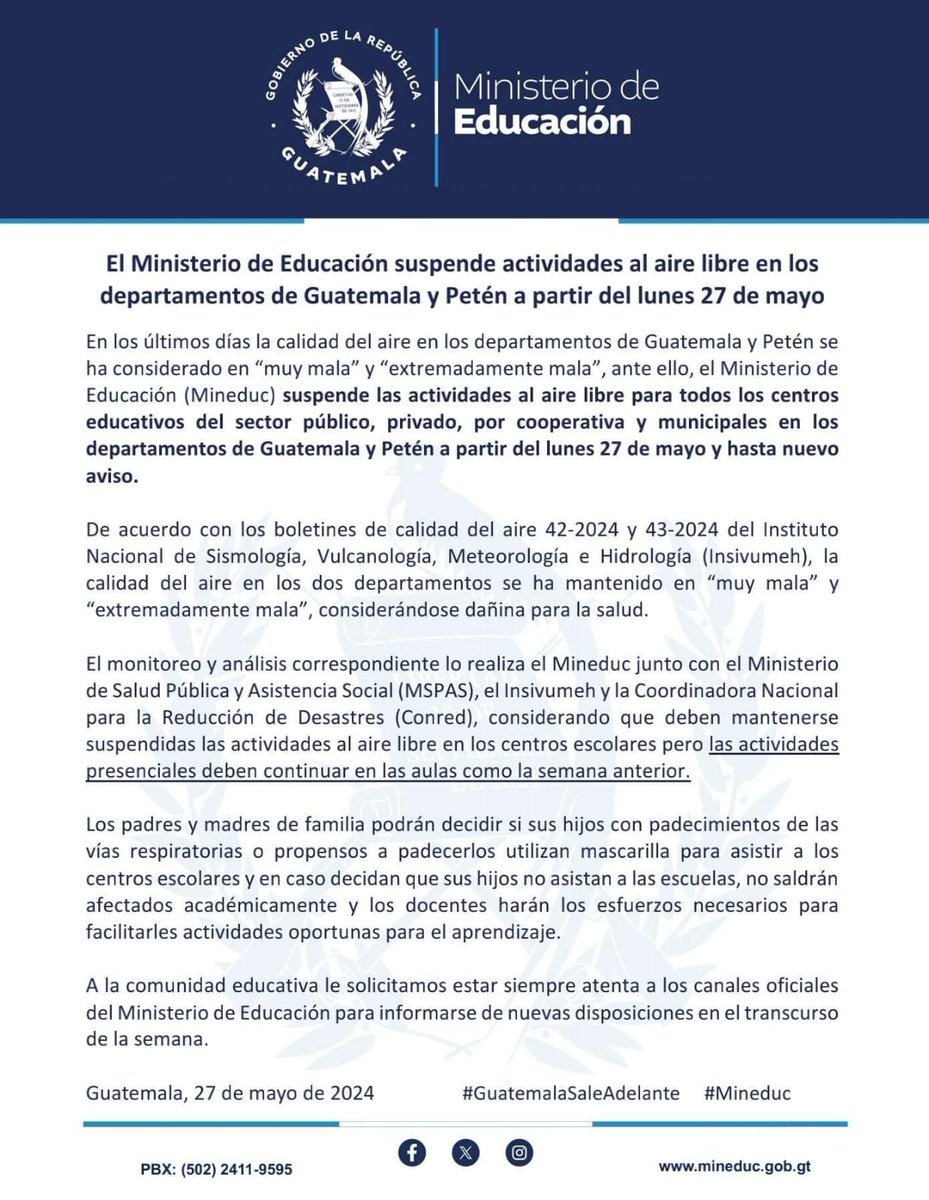 #Mineduc suspende actividades al aire libre en centros escolares de los departamentos de Guatemala y Petén a partir del lunes 27 de mayo y hasta nuevo aviso.