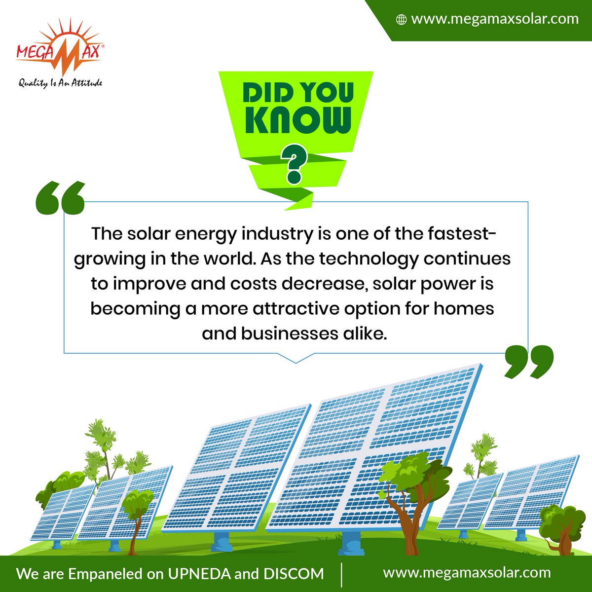 The rising demand of solar panels indicates their effectiveness in generating clean energy and power. Leverage the power of solar with Megamax Solar 

megamaxsolar.com

#solarservices #solarsolutions #megamaxsolar #benefitsofsolar #rooftopsolar #greenenergy