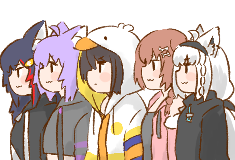 戌神ころね ,猫又おかゆ ,大神ミオ ,大空スバル ,白上フブキ 「」|ねこやまのイラスト