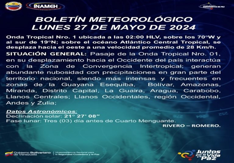 #27May 🇻🇪 || El Instituto Nacional de Meteorología e Hidrología, en su reporte matutino, detalló que para este lunes, se prevé el pasaje de la Onda Tropical Nº1 en su desplazamiento hacia el occidente del país. 🗞️ @INAMEH ☁️