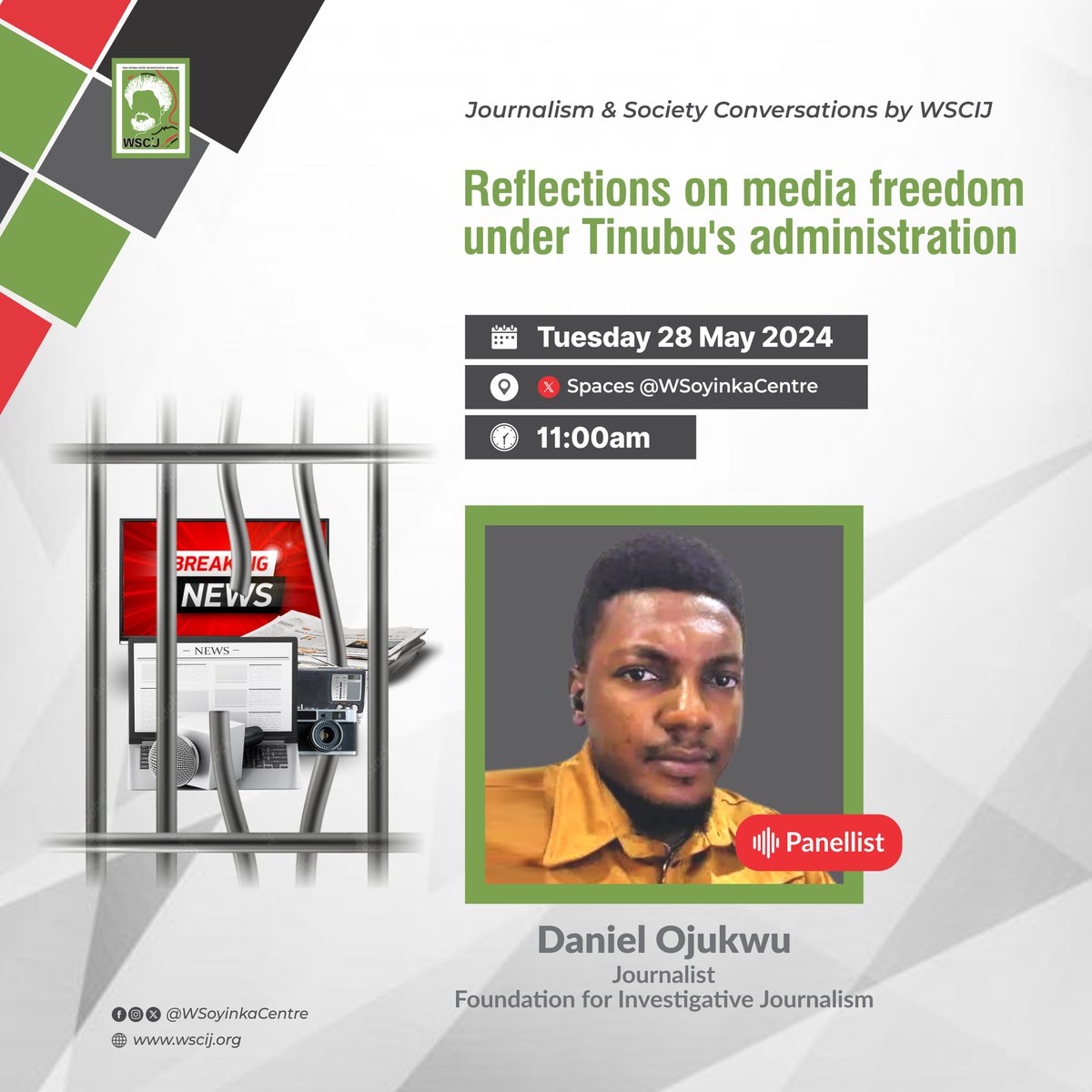 Happening tomorrow @Mazi_OJD will detail his arrest in the line of duty and treatment in custody by @PoliceNG. He will highlight practical challenges, risks faced by journalists and the psychological impacts on their work. Click 👉 bit.ly/3wORHk1. #WSCIJConversations