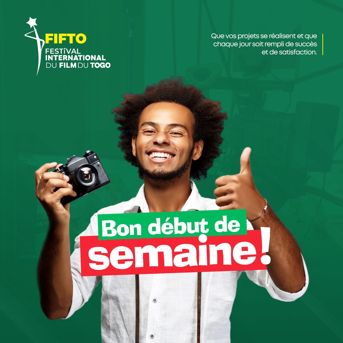 fifto_tg's tweet photo. Bonne semaine à tous ! 🌟 Que cette semaine soit remplie de créativité, d'inspiration et de succès ! 💼🎬 #BonneSemaine #Créativité #Succès https://t.co/BXvv3NMwU4
