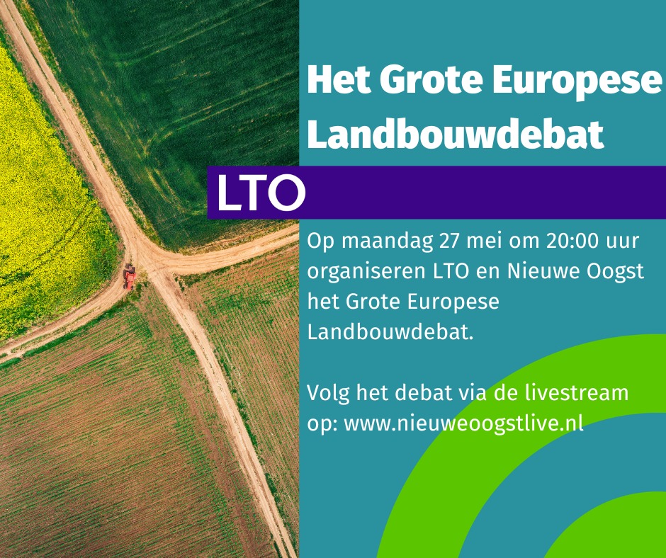 Vanavond om 20:00 organiseren LTO en @nieuweoogstnl  Oogst het Grote #Europese #Landbouwdebat. 
 
Om 20:00 uur gaan (kandidaat-)Europarlementariërs met elkaar in debat over de toekomst van de landbouw in Europa.
 
 Het debat is te volgen via: nieuweoogstlive.nl/europees-landb…