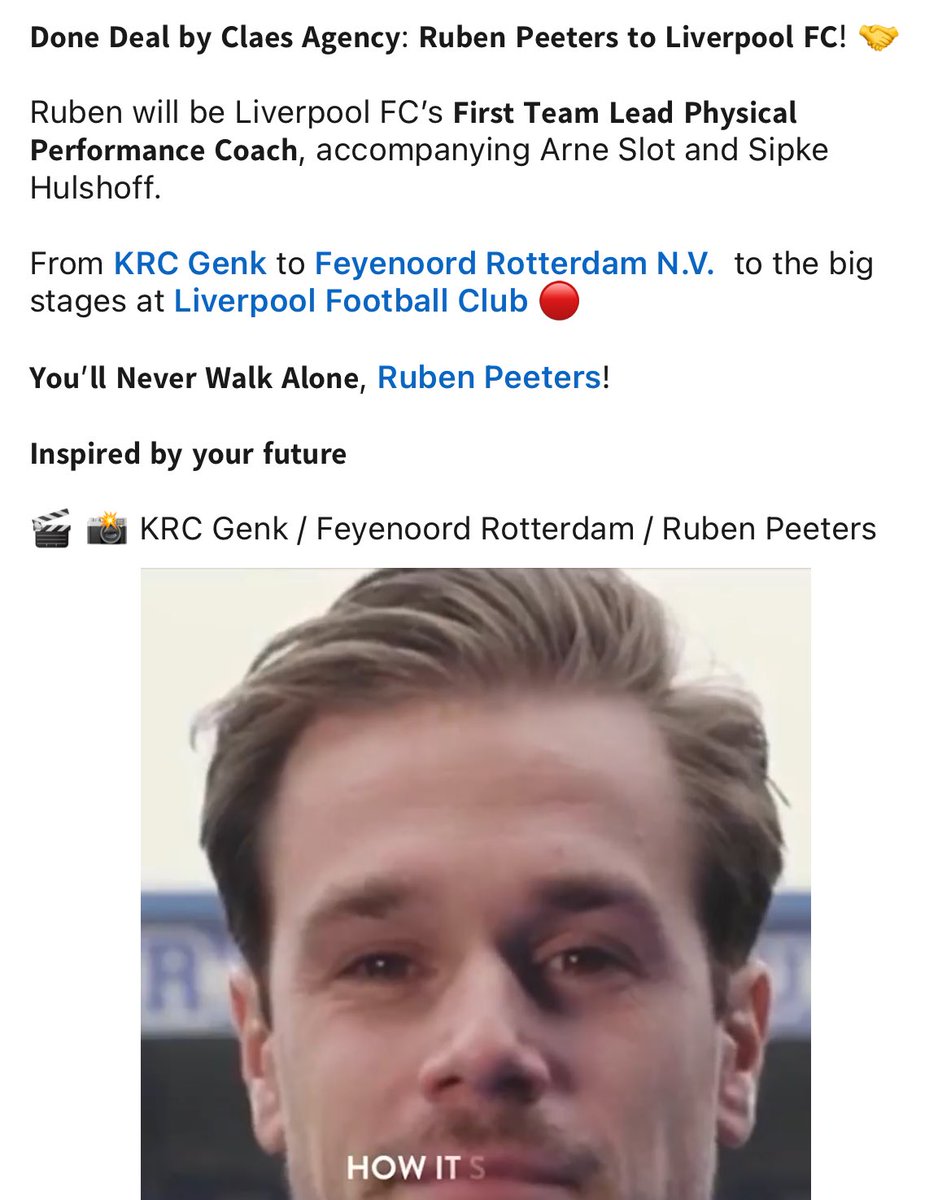 As noted by @dmlynchlfc, Ruben Peeters’ agency has confirmed his move to Liverpool as Physical Performance Coach. A key member of Arne Slot’s inner circle. At Feyenoord and Genk he worked on DNA epigenetics, microbiology manipulations and how sleep improves performance. #LFC 🔴