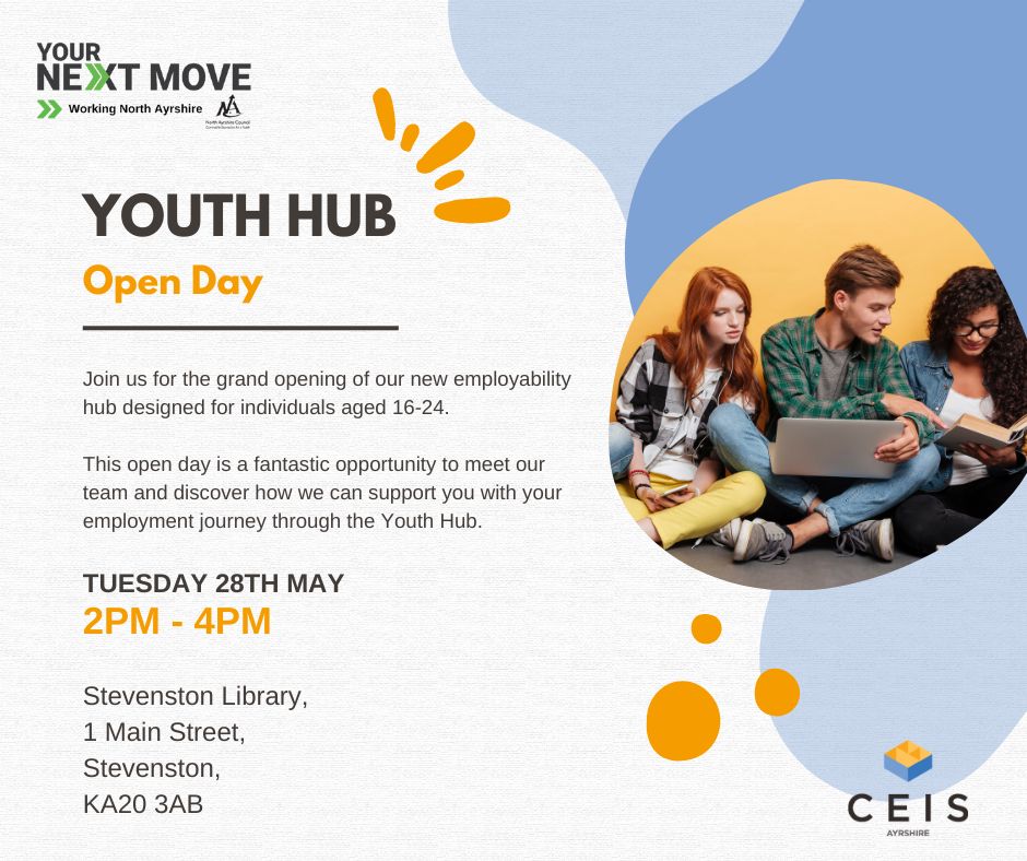 Today's events are from @CEISAyrshire Visit their Open Day at 46 Bank Street, Irvine from 10am to 12pm. Later, visit the new employability hub for young people aged 16 to 24 at Stevenston Library from 2pm to 4pm. #EmployabilityWeek24 #YourNextMove