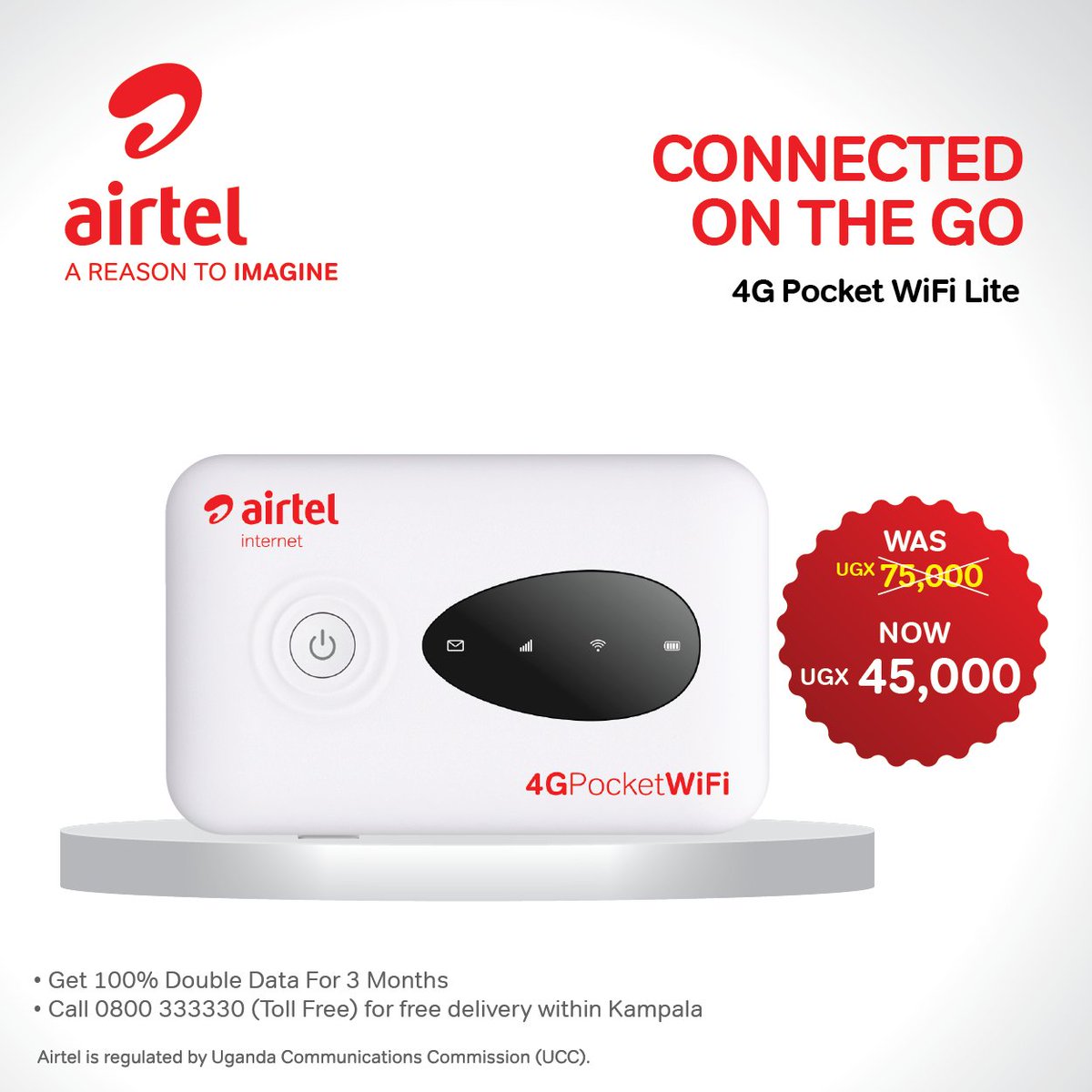 Working from home? Get a #4GPocketWiFiLit for only 45k today, and we'll deliver it to you! Alternatively, visit any Airtel shop near you to pick one up. Call 0800333330 for delivery within Kampala