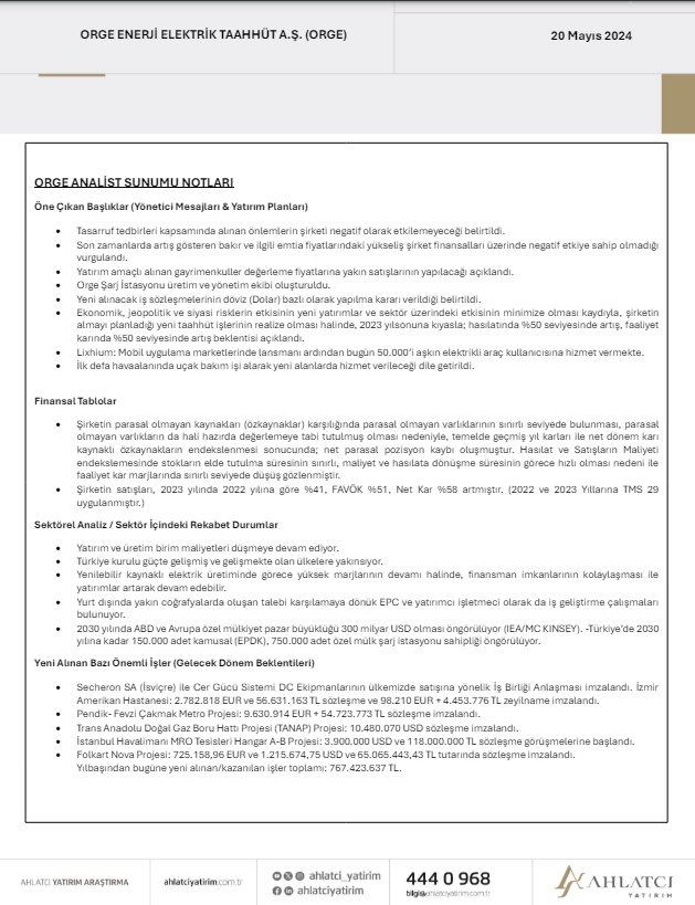 #ORGE 

AHLATÇI ANALİST TOPLANTI NOTLARI -20.05.2024

Öne   Çıkan Başlıklar (Yönetici Mesajları & Yatırım Planları)
    • Tasarruf tedbirleri kapsamında alınan önlemlerin şirketi negatif olarak   etkilemeyeceği belirtildi.
    • Son zamanlarda artış gösteren bakır ve ilgili