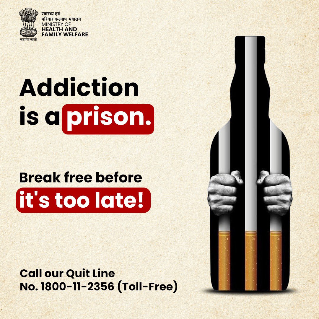 Tobacco can lock you in an addiction's cage. Choose freedom. Choose life.
#lifeisprecious
#health #HealthyChoices
#HealthyLiving
#HealthForAll #QuitTobacco
@MoHFW_INDIA