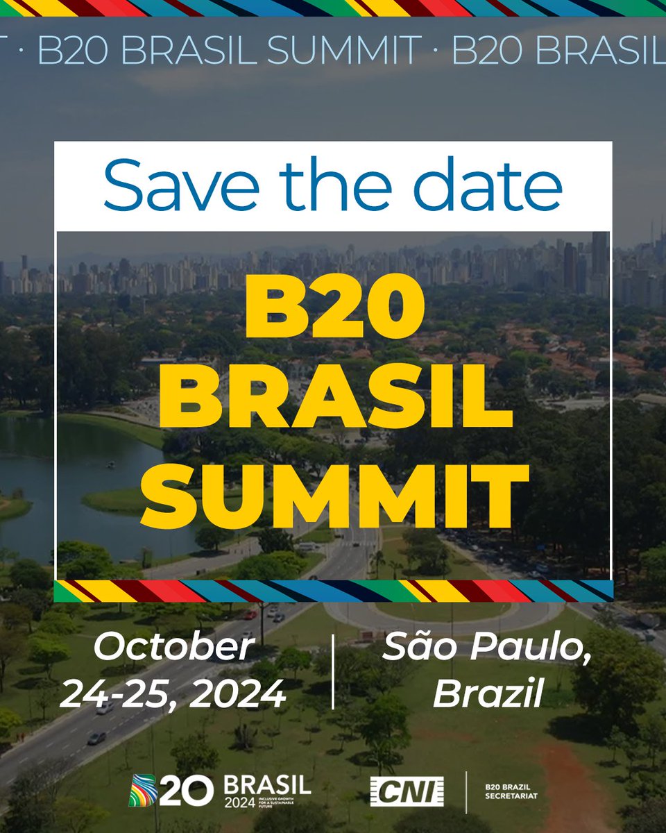 📣 Mark your calendars: 150 days to go! 📅

#B20BrasilSummit October 24-25 in São Paulo!

More details will be shared in the upcoming weeks, stay tuned so you don't miss it. 🔔