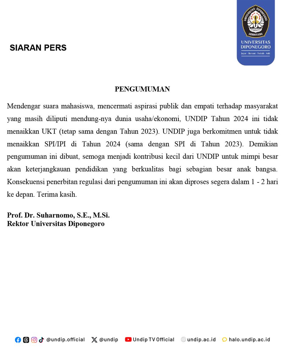 undip's tweet photo. UNDIP mendengar keluhan dan aspirasi teman-teman. Semoga kontribusi kecil dari UNDIP mampu meringankan dan membantu menciptakan mimpi besar kalian untuk dapat menjangkau pendidikan yang berkualitas dan terjangkau.

#undip #undipramah #undipexcellent #undipbermartabat #undipbermanfaat #undipjaya