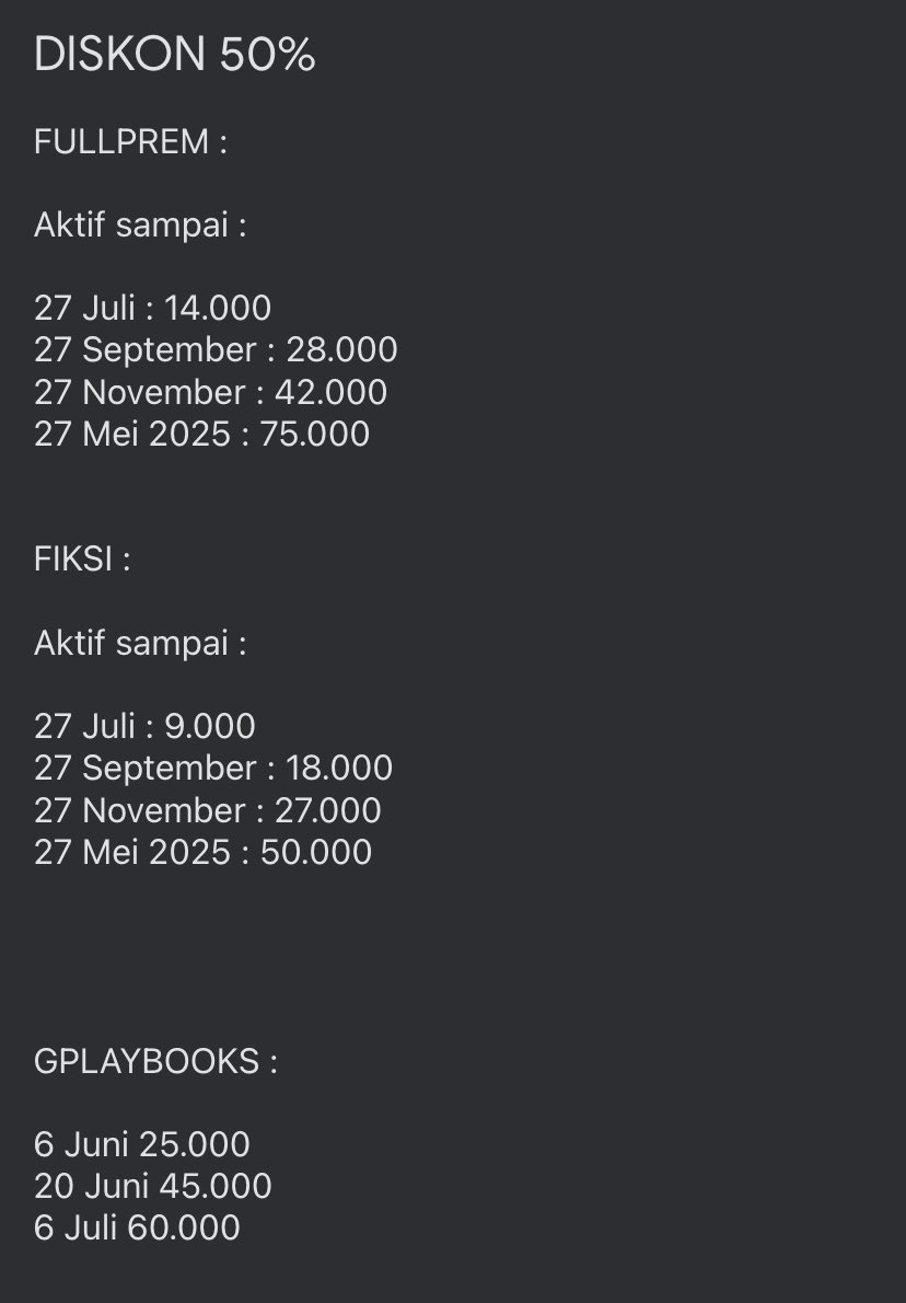 Aaden32's tweet photo. [ DISKON 50% ]

SHARING GRAMEDIA DIGITAL / GRAMDIG

Format pemesanan :

Paket : fiksi/fullprem/gplaybooks
Tanggal periode gramdig/masa aktif :
Harga :

[ SETIAP 5% DARI TOTAL BELANJA ANDA AKAN DIDONASIKAN UNTUK PALESTINA ]

Yang butuh referensi bacaan bisa cek like aku yaa 🤩❤️ https://t.co/1DiO57DmlT