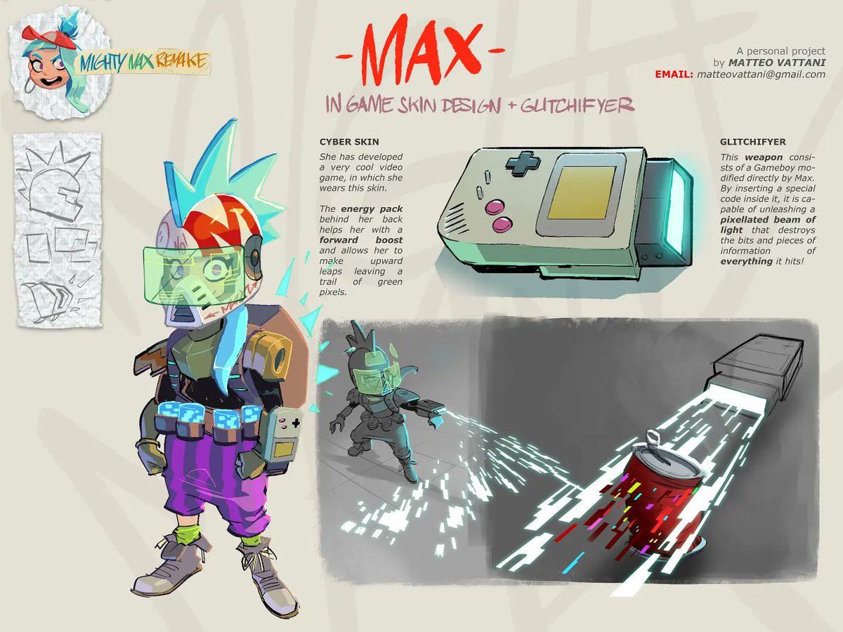 Fourth page of my personal project as a #visdev : #MightyMax Remake! 
Here you can see the Max's in-game skin and #weapondesign  .
#illustration #weaponart #gameboy #digitaldrawing #conceptart #conceptartist #characterdesign #animation #animationart #animationartist #photoshopart
