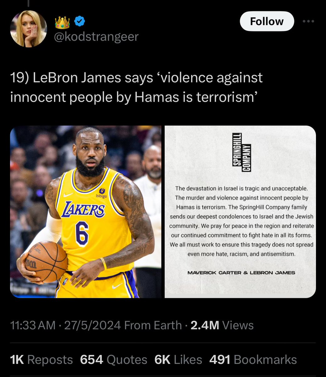 Sorry Lebron, you’re a great basketball player but I’m gonna have to unfollow you for this “violence against innocent people is bad” take that nobody asked for. Read the room, Lebron! Do better!