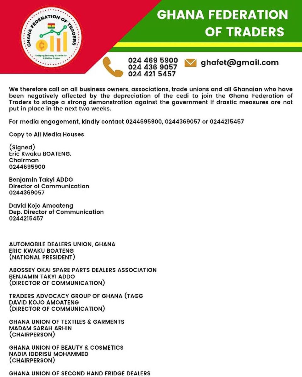 The Ghana Federation of Traders has demanded that the government reduce the current exchange rate from GHC15.50 to GHC10.00 within two weeks warning that failure to do so will result in a large-scale demonstration.