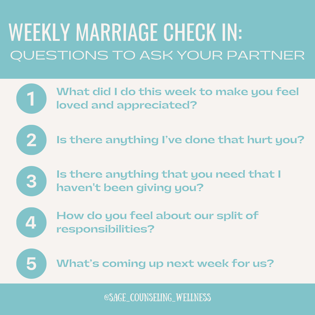 Weekly marriage check-in! Asking yourself these questions can help strengthen your marriage😊🌸  

#marriagegoals#marriagequotes#healthyrelationships#relationshiphelp#marriagequotes#marriagelife#loveadvice#relationships101#couplescounseling#premaritalcounseling
