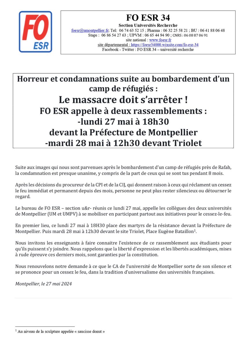 FOESR34's tweet photo. #Rafah : Le #massacre doit s'arrêter ! Rassemblements le 27 mai 18h30 et le 28 mai 12h30 #Montpellier #UM #UPV https://t.co/q8irfyf1W8