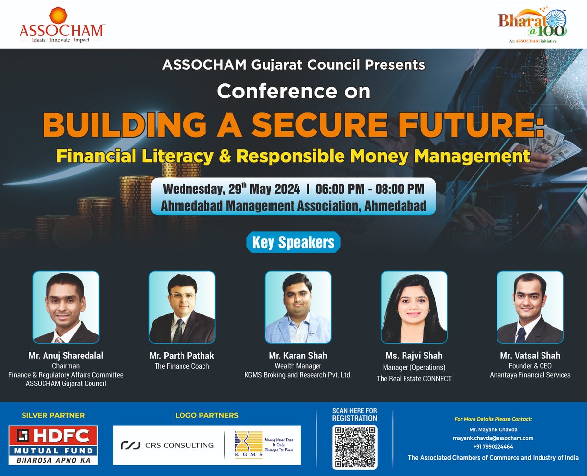 Calling financial aficionados! Register now forms.office.com/r/EihxUSU92f & be a part of the #ASSOCHAM’s Gujarat Council conference on ‘Building a Secure Future’ on the theme, 'Financial Literacy & Responsible Money Management.” This conference offers insights on #budgeting, saving,