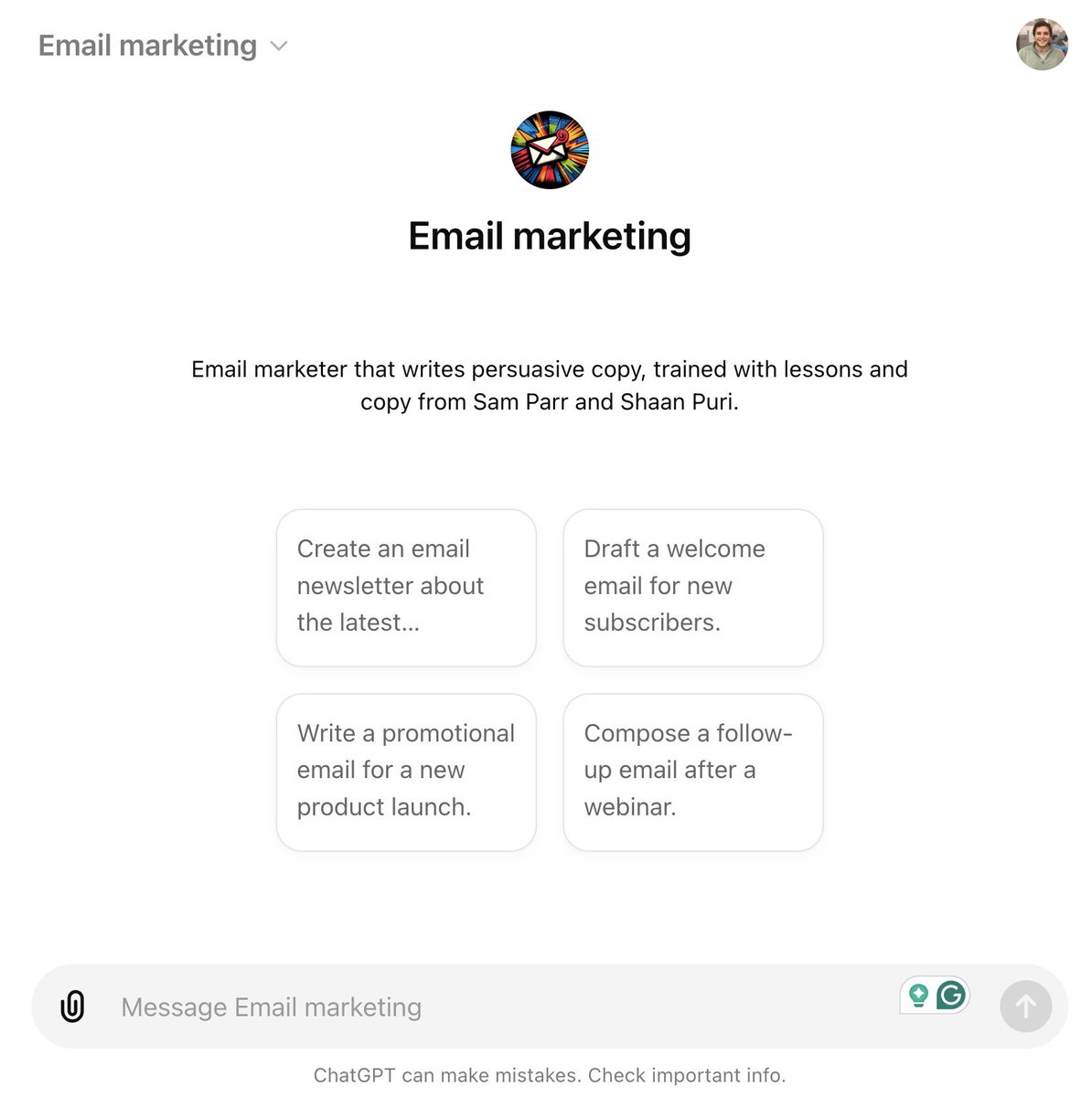 AI agent #17 - Email marketing.

I learned copywriting from <a href="/thesamparr/">Sam Parr</a> and <a href="/ShaanVP/">Shaan Puri</a>.

So I trained an AI agent that writes emails based on their insights.

Results are pretty good!!

Comment below if you want the link to the GPT.

I'll make it free if they give me permission to