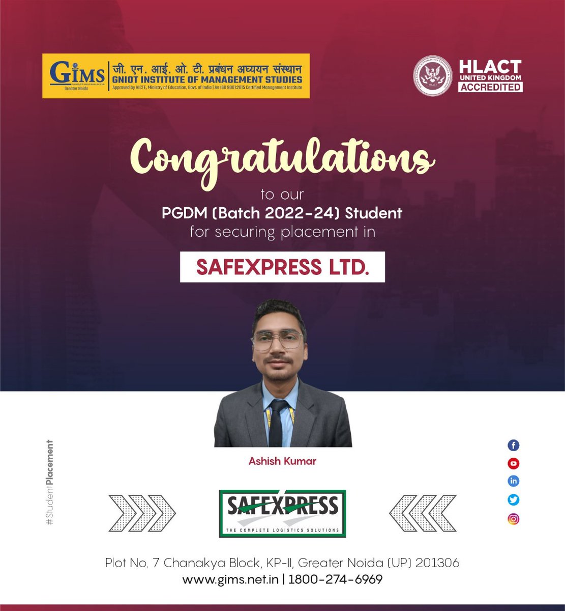 #GIMS, Greater Noida proudly announces the selection of its #PGDM 2022-24 Batch student in Safexpress Pvt. Ltd. We wish him the best for his bright corporate journey! 
 #gniot  #finalplacements #ideatoexecution #careerprogression #gimscrc

Visit Website: gims.net.in