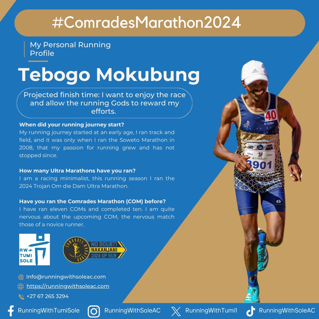 Runner profile 21/28✨ Drumrolls, please 🥁 Introducing @TebogoMokubung1 a COM green number holder, the 2024 Comrades Marathon will be his twelfth, and like the true champion he is the member is looking forward to enjoying the race. @TebogoMokubung1 started running at an early
