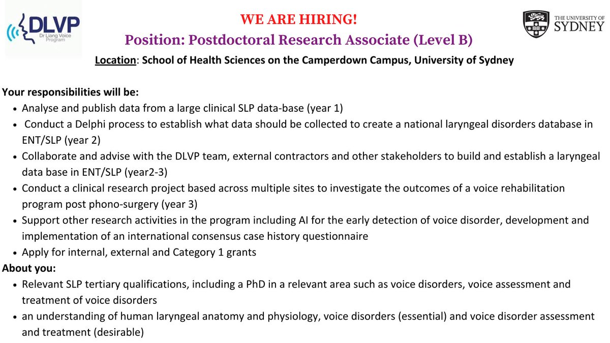 The University of Sydney Voice Lab (@voicelab_usyd) on Twitter photo We are hiring!!
Click on the link below for more details & to apply
usyd.wd3.myworkdayjobs.com/en-US/USYD_EXT…
<a href="/Cate_Madill/">Dr Cate Madill (she/her)</a> <a href="/SydneyVoice/">A/Prof Daniel Novakovic (he/him)</a> <a href="/Sydney_Uni/">University of Sydney</a> We are hiring!!
Click on the link below for more details & to apply
usyd.wd3.myworkdayjobs.com/en-US/USYD_EXT…
<a href="/Cate_Madill/">Dr Cate Madill (she/her)</a> <a href="/SydneyVoice/">A/Prof Daniel Novakovic (he/him)</a> <a href="/Sydney_Uni/">University of Sydney</a>
